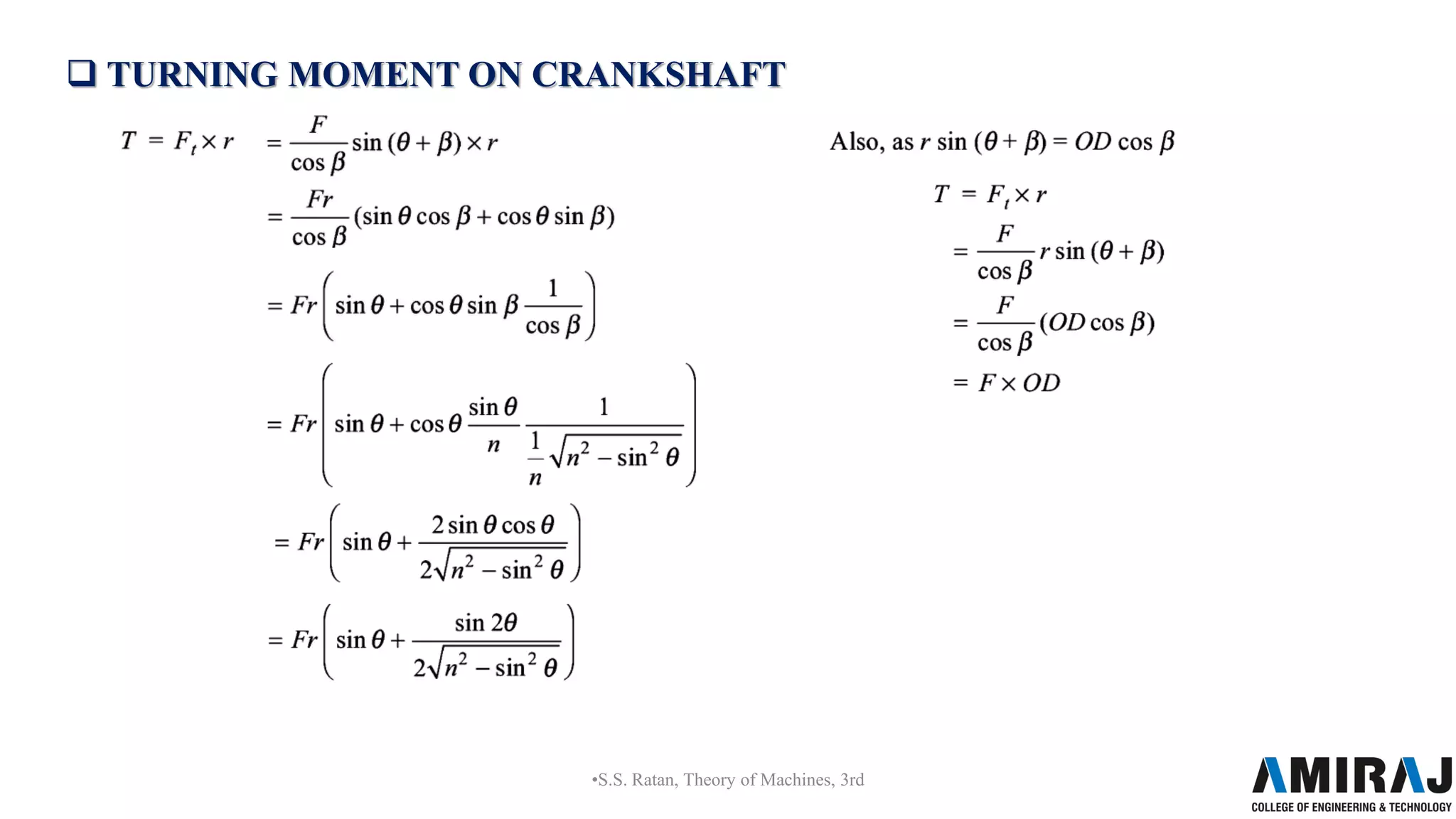  TURNING MOMENT ON CRANKSHAFT
•S.S. Ratan, Theory of Machines, 3rd
 