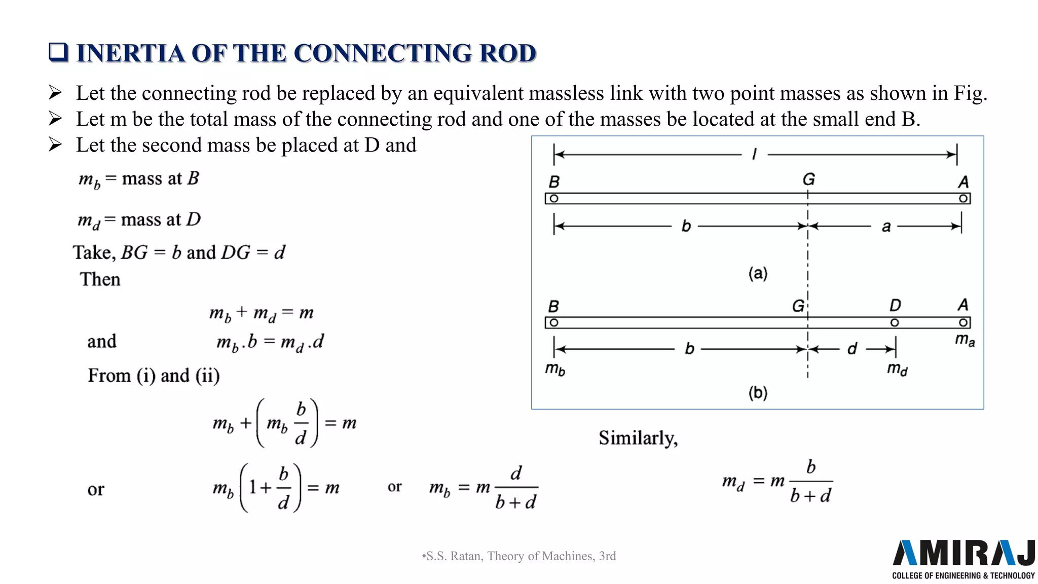  INERTIA OF THE CONNECTING ROD
 Let the connecting rod be replaced by an equivalent massless link with two point masses as shown in Fig.
 Let m be the total mass of the connecting rod and one of the masses be located at the small end B.
 Let the second mass be placed at D and
•S.S. Ratan, Theory of Machines, 3rd
 