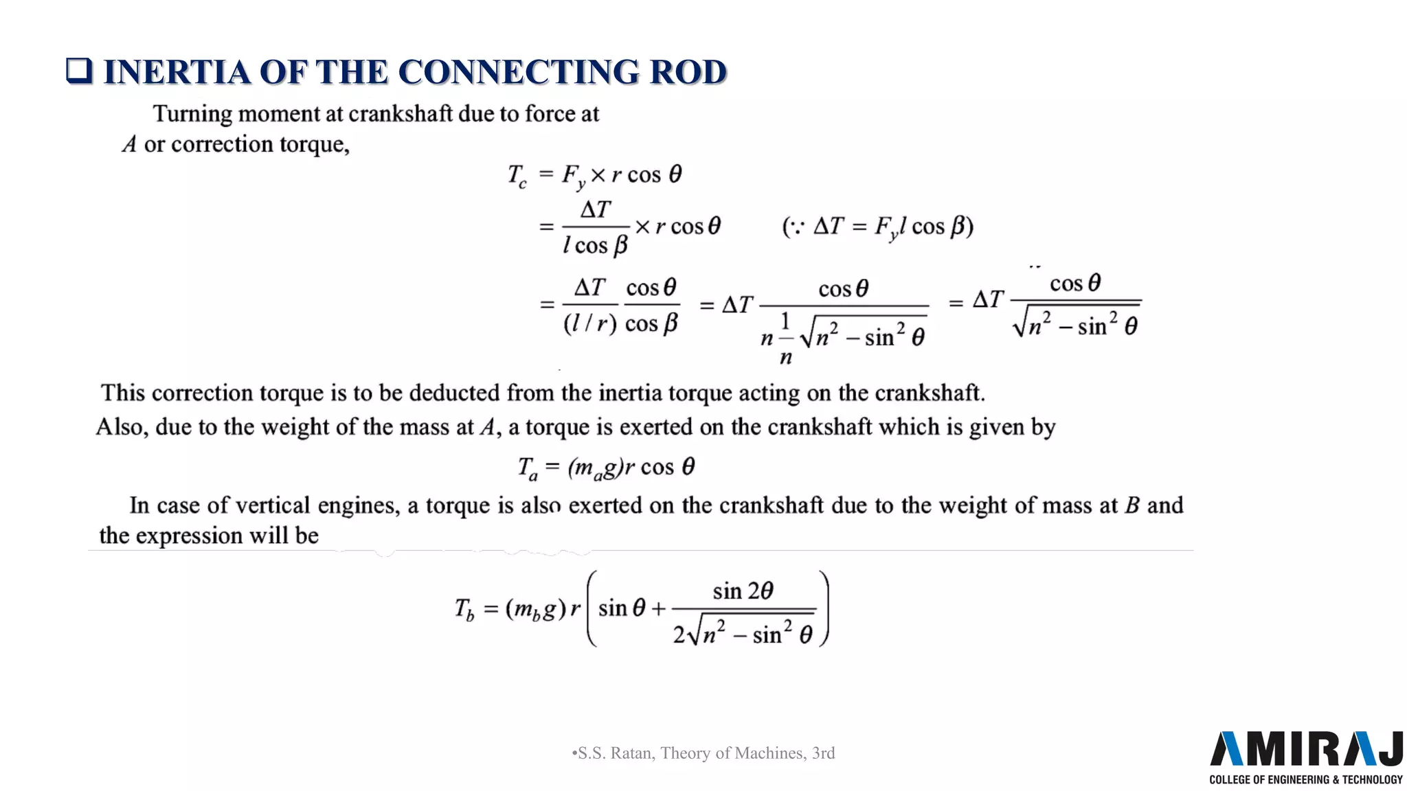 INERTIA OF THE CONNECTING ROD
•S.S. Ratan, Theory of Machines, 3rd
 