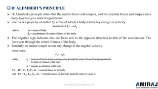  D' ALEMBERT'S PRINCIPLE
 According to D' Alembert's principle, the vector sum of forces and torques (or couples) has to...