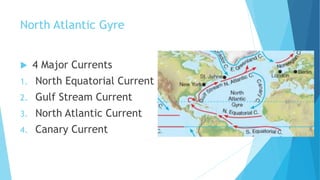 North Atlantic Gyre
 4 Major Currents
1. North Equatorial Current
2. Gulf Stream Current
3. North Atlantic Current
4. Canary Current
 