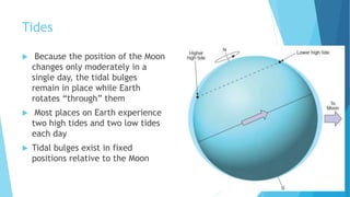 Tides
 Because the position of the Moon
changes only moderately in a
single day, the tidal bulges
remain in place while Earth
rotates “through” them
 Most places on Earth experience
two high tides and two low tides
each day
 Tidal bulges exist in fixed
positions relative to the Moon
 
