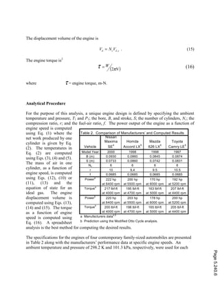The displacement volume of the engine is
cdcd VNV ,= . (15)
The engine torque is2
( )N
W
πτ 2
= (16)
where τ = engine torque, m-N.
Analytical Procedure
For the purpose of this analysis, a unique engine design is defined by specifying the ambient
temperature and pressure, T1 and P1; the bore, B, and stroke, S; the number of cylinders, Nc; the
compression ratio, r; and the fuel-air ratio, f. The power output of the engine as a function of
engine speed is computed
using Eq. (1) where the
net work produced by one
cylinder is given by Eq.
(2). The temperatures in
Eq. (2) are computed
using Eqs. (3), (4) and (5).
The mass of air in one
cylinder, as a function of
engine speed, is computed
using Eqs. (12), (10) or
(11), (13) and the
equation of state for an
ideal gas. The engine
displacement volume is
computed using Eqs. (13),
(14) and (15). The torque
as a function of engine
speed is computed using
Eq. (16). A spreadsheet
analysis is the best method for computing the desired results.
The specifications for the engines of four contemporary family-sized automobiles are presented
in Table 2 along with the manufacturers’ performance data at specific engine speeds. An
ambient temperature and pressure of 298.2 K and 101.3 kPa, respectively, were used for each
Table 2. Comparison of Manufacturers’ and Computed Results
Vehicle
Nissan
Maxima
SE
4
Homda
Accord LX
5
Mazda
626 LX
5
Toyota
Camry LE
5
Model Year 2000 1998 1998 1997
B (m) 0.0930 0.0860 0.0845 0.0874
S (m) 0.0733 0.0860 0.0742 0.0831
Nc 6 6 6 6
r 10 9.4 9.5 10.5
f 0.0685 0.0685 0.0685 0.0685
Power
a
222 hp 200 hp 170 hp 192 hp
at 6400 rpm at 5500 rpm at 6000 rpm at 5200 rpm
Torquea
217 lbf-ft 195 lbf-ft 163 lbf-ft 207 lbf-ft
at 4000 rpm at 4700 rpm at 5000 rpm at 4400 rpm
Power
b
220 hp 203 hp 178 hp 200 hp
at 6400 rpm at 5500 rpm at 6000 rpm at 5200 rpm
Torque
b
200 lbf-ft 198 lbf-ft 165 lbf-ft 205 lbf-ft
at 4000 rpm at 4700 rpm at 5000 rpm at 4400 rpm
a Manufacturers data4,5
b Prediction using the Modified Otto Cycle analysis.
Page5.240.6
 