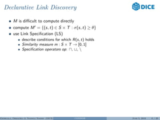 Declarative Link Discovery
M is diﬃcult to compute directly
compute M = {(s, t) ∈ S × T : σ(s, t) ≥ θ}
use Link Speciﬁcation (LS)
describe conditions for which R(s, t) holds
Similarity measure m : S × T → [0, 1]
Speciﬁcation operators op: , , 
Georgala, Obraczka & Ngonga Ngomo (DICE) CONDOR June 5, 2018 6 / 29
 
