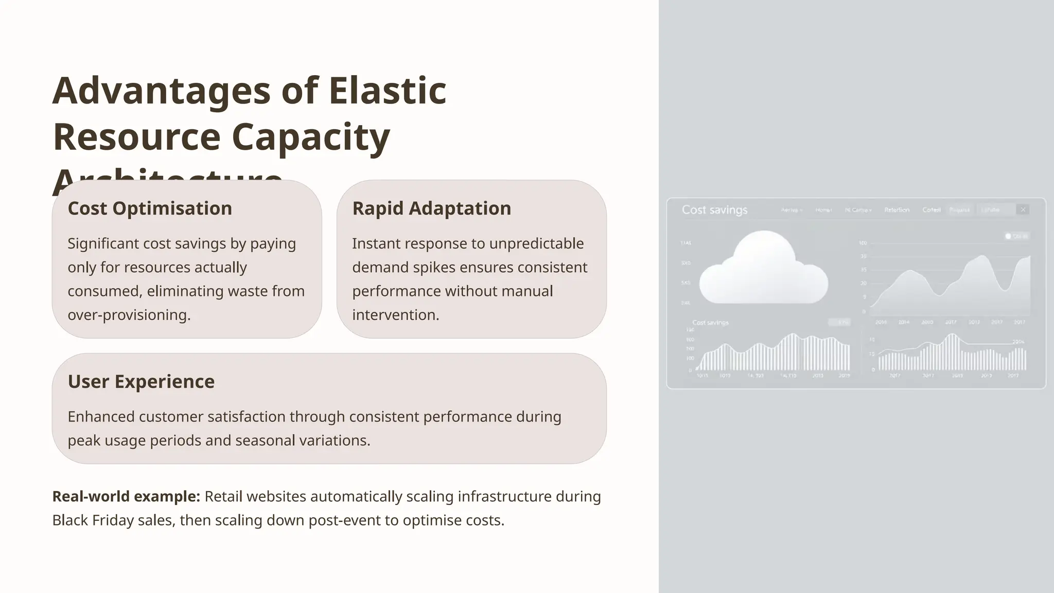 Advantages of Elastic
Resource Capacity
Architecture
Cost Optimisation
Significant cost savings by paying
only for resources actually
consumed, eliminating waste from
over-provisioning.
Rapid Adaptation
Instant response to unpredictable
demand spikes ensures consistent
performance without manual
intervention.
User Experience
Enhanced customer satisfaction through consistent performance during
peak usage periods and seasonal variations.
Real-world example: Retail websites automatically scaling infrastructure during
Black Friday sales, then scaling down post-event to optimise costs.
 