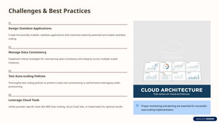 Challenges & Best Practices
01
Design Stateless Applications
Create horizontally scalable, stateless applications that maximise elasticity potential and enable seamless
scaling.
02
Manage Data Consistency
Implement robust strategies for maintaining data consistency and integrity across multiple scaled
instances.
03
Test Auto-scaling Policies
Thoroughly test scaling policies to prevent costly over-provisioning or performance-damaging under-
provisioning.
04
Leverage Cloud Tools
Utilise provider-specific tools like AWS Auto Scaling, Azure Scale Sets, or Kubernetes for optimal results. Proper monitoring and alerting are essential for successful
auto-scaling implementation.
 