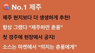 ! No.1 제주
제주 현지보다 더 생생하게 추천!
항상 그랬다 “제주하면 춘풍”
첫 경주에 현장에서 공지!
소스는 마켓에서 “의지는 춘풍에게”
 