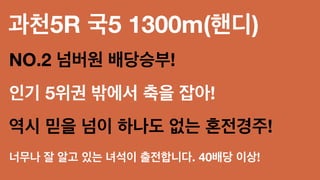 과천5R 국5 1300m(핸디)
NO.2 넘버원 배당승부!
인기 5위권 밖에서 축을 잡아!
역시 믿을 넘이 하나도 없는 혼전경주!
너무나 잘 알고 있는 녀석이 출전합니다. 40배당 이상!
 