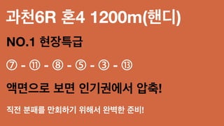 과천6R 혼4 1200m(핸디)
NO.1 현장특급
⑦ - ⑪ - ⑧ - ⑤ - ③ - ⑬
액면으로 보면 인기권에서 압축!
직전 분패를 만회하기 위해서 완벽한 준비!
 
