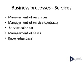 Business processes - Services
• Management of resources
• Management of service contracts
• Service calendar
• Management of cases
• Knowledge base
 