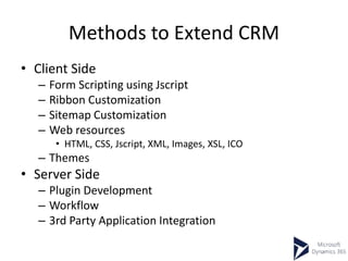 Methods to Extend CRM
• Client Side
– Form Scripting using Jscript
– Ribbon Customization
– Sitemap Customization
– Web resources
• HTML, CSS, Jscript, XML, Images, XSL, ICO
– Themes
• Server Side
– Plugin Development
– Workflow
– 3rd Party Application Integration
 