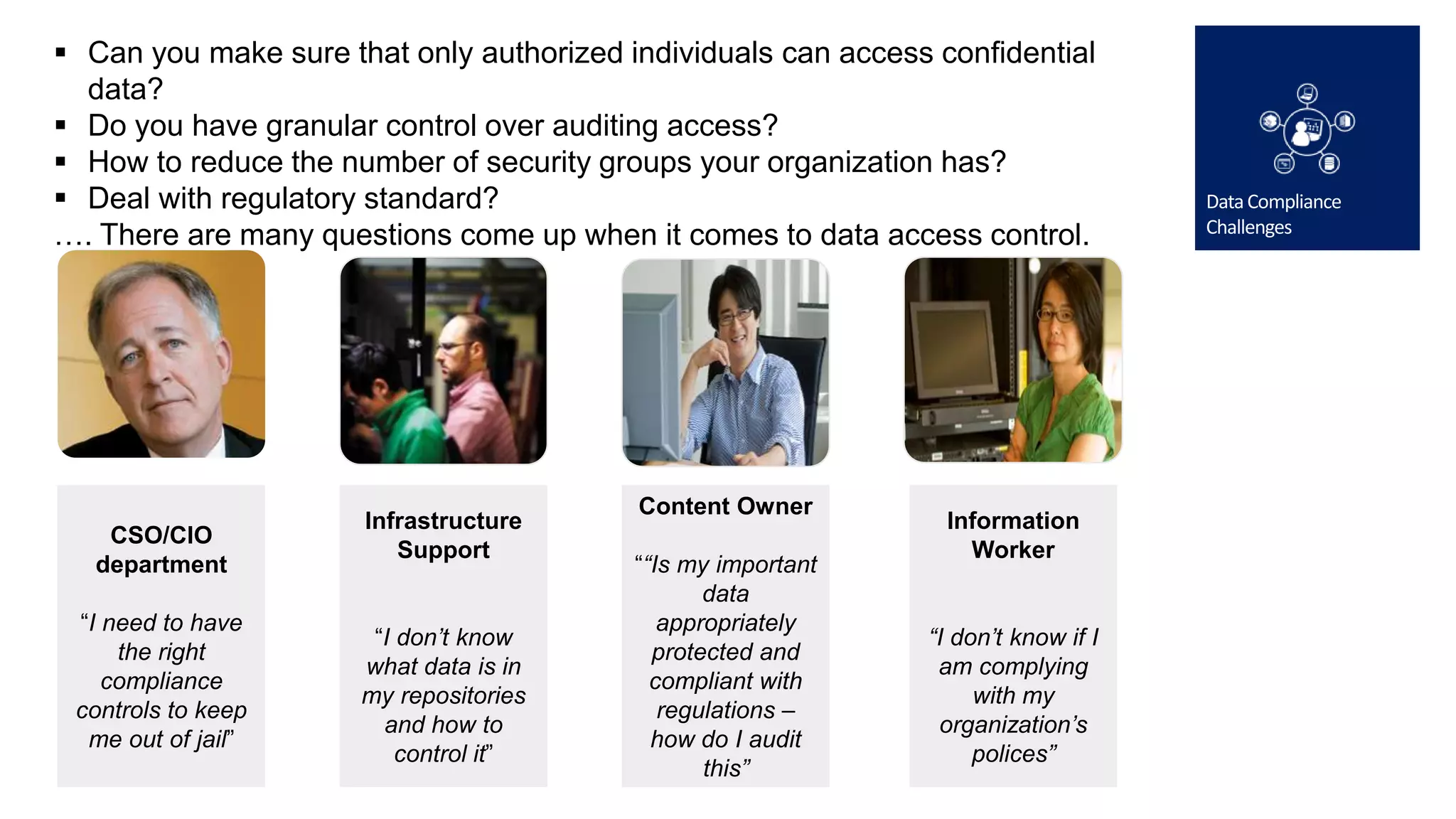  Can you make sure that only authorized individuals can access confidential
  data?
 Do you have granular control over auditing access?
 How to reduce the number of security groups your organization has?
 Deal with regulatory standard?
…. There are many questions come up when it comes to data access control.




                                          Content Owner
                      Infrastructure                             Information
    CSO/CIO
                         Support                                   Worker
   department                             ““Is my important
                                                 data
 “I need to have                             appropriately
                       “I don’t know                           “I don’t know if I
     the right                              protected and
                      what data is in                           am complying
    compliance                              compliant with
                      my repositories                               with my
 controls to keep                            regulations –
                        and how to                              organization’s
  me out of jail”                           how do I audit
                          control it”                               polices”
                                                 this”
 