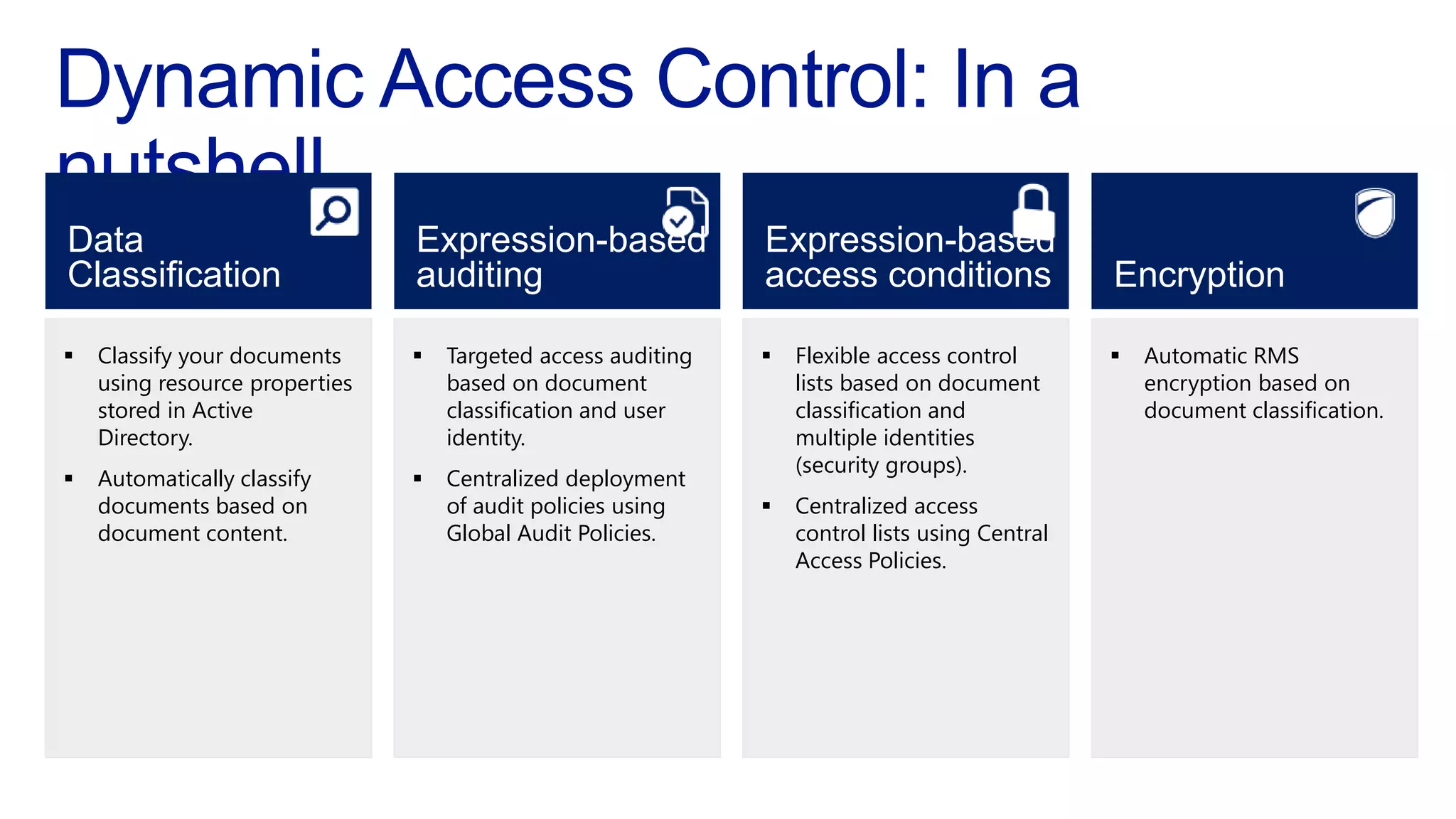 Data                            Expression-based               Expression-based
Classification                  auditing                       access conditions                 Encryption

   Classify your documents        Targeted access auditing      Flexible access control          Automatic RMS
    using resource properties       based on document              lists based on document           encryption based on
    stored in Active                classification and user        classification and                document classification.
    Directory.                      identity.                      multiple identities
                                                                   (security groups).
   Automatically classify         Centralized deployment
    documents based on              of audit policies using       Centralized access
    document content.               Global Audit Policies.         control lists using Central
                                                                   Access Policies.
 