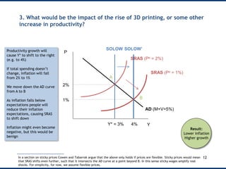 3. What would be the impact of the rise of 3D printing, or some other
increase in productivity?
12
P
Y
AD (M+V=5%)
Y* = 3%
2%
SOLOW
SRAS (Pe = 2%)
SOLOW’
1%
SRAS (Pe = 1%)
4%
A
B
In a section on sticky prices Cowen and Tabarrok argue that the above only holds if prices are flexible. Sticky prices would mean
that SRAS shifts even further, such that it intersects the AD curve at a point beyond B. In this sense sticky wages amplify real
shocks. For simplicity, for now, we assume flexible prices.
Productivity growth will
cause Y* to shift to the right
(e.g. to 4%)
If total spending doesn’t
change, inflation will fall
from 2% to 1%
We move down the AD curve
from A to B
As inflation falls below
expectations people will
reduce their inflation
expectations, causing SRAS
to shift down
Inflation might even become
negative, but this would be
benign
Result:
Lower inflation
Higher growth
 