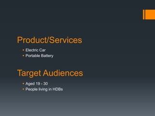 Product/Services
 Electric Car
 Portable Battery

Target Audiences
 Aged 19 - 30
 People living in HDBs

 