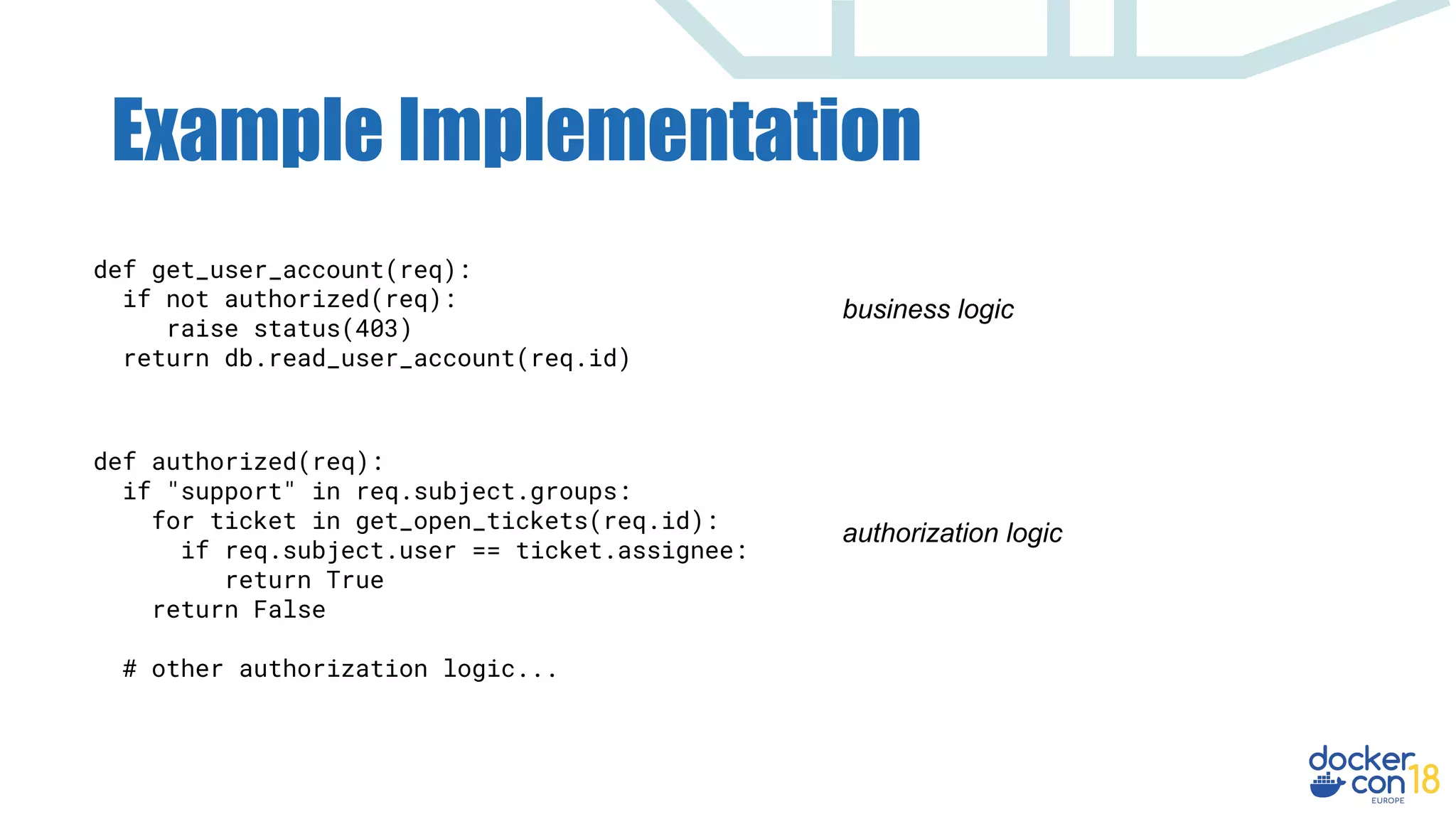 Example Implementation
business logic
authorization logic
def get_user_account(req):
if not authorized(req):
raise status(403)
return db.read_user_account(req.id)
def authorized(req):
if "support" in req.subject.groups:
for ticket in get_open_tickets(req.id):
if req.subject.user == ticket.assignee:
return True
return False
# other authorization logic...
 
