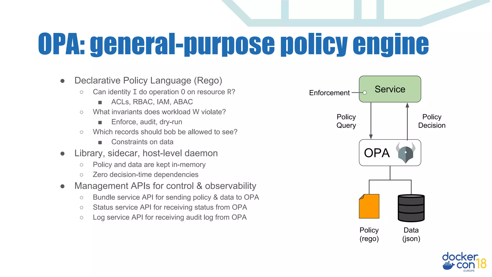 OPA: general-purpose policy engine
Service
OPA
Policy
(rego)
Data
(json)
Policy
Query
Policy
Decision
Enforcement
● Declarative Policy Language (Rego)
○ Can identity I do operation O on resource R?
■ ACLs, RBAC, IAM, ABAC
○ What invariants does workload W violate?
■ Enforce, audit, dry-run
○ Which records should bob be allowed to see?
■ Constraints on data
● Library, sidecar, host-level daemon
○ Policy and data are kept in-memory
○ Zero decision-time dependencies
● Management APIs for control & observability
○ Bundle service API for sending policy & data to OPA
○ Status service API for receiving status from OPA
○ Log service API for receiving audit log from OPA
 