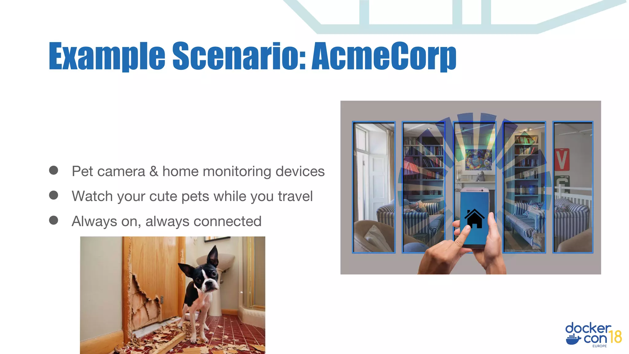 Example Scenario: AcmeCorp
● Pet camera & home monitoring devices
● Watch your cute pets while you travel
● Always on, always connected
 