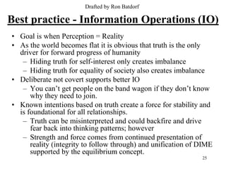 Drafted by Ron Batdorf

Best practice - Information Operations (IO)
• Goal is when Perception = Reality
• As the world becomes flat it is obvious that truth is the only
  driver for forward progress of humanity
   – Hiding truth for self-interest only creates imbalance
   – Hiding truth for equality of society also creates imbalance
• Deliberate not covert supports better IO
   – You can’t get people on the band wagon if they don’t know
      why they need to join.
• Known intentions based on truth create a force for stability and
  is foundational for all relationships.
   – Truth can be misinterpreted and could backfire and drive
      fear back into thinking patterns; however
   – Strength and force comes from continued presentation of
      reality (integrity to follow through) and unification of DIME
      supported by the equilibrium concept.
                                                               25
 