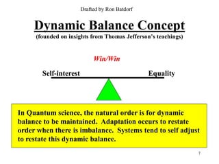 Drafted by Ron Batdorf


     Dynamic Balance Concept
     (founded on insights from Thomas Jefferson’s teachings)


                            Win/Win
       Self-interest                            Equality




In Quantum science, the natural order is for dynamic
balance to be maintained. Adaptation occurs to restate
order when there is imbalance. Systems tend to self adjust
to restate this dynamic balance.
                                                               7
 