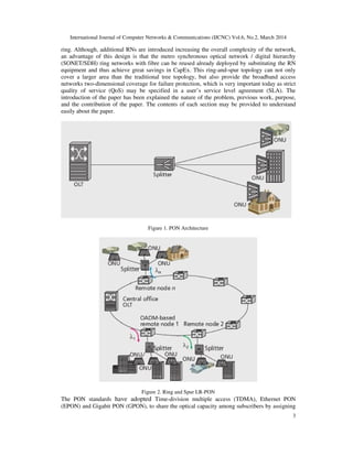 International Journal of Computer Networks & Communications (IJCNC) Vol.6, No.2, March 2014
3
ring. Although, additional RNs are introduced increasing the overall complexity of the network,
an advantage of this design is that the metro synchronous optical network / digital hierarchy
(SONET/SDH) ring networks with fibre can be reused already deployed by substituting the RN
equipment and thus achieve great savings in CapEx. This ring-and-spur topology can not only
cover a larger area than the traditional tree topology, but also provide the broadband access
networks two-dimensional coverage for failure protection, which is very important today as strict
quality of service (QoS) may be specified in a user’s service level agreement (SLA). The
introduction of the paper has been explained the nature of the problem, previous work, purpose,
and the contribution of the paper. The contents of each section may be provided to understand
easily about the paper.
Figure 1. PON Architecture
Figure 2. Ring and Spur LR-PON
The PON standards have adopted Time-division multiple access (TDMA), Ethernet PON
(EPON) and Gigabit PON (GPON), to share the optical capacity among subscribers by assigning
 
