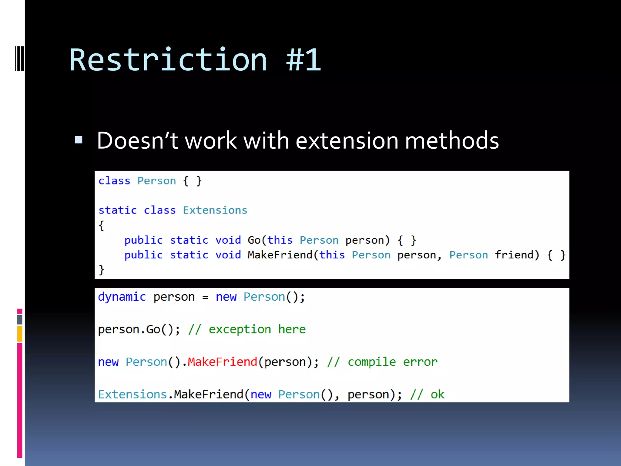 Restriction #1  Doesn’t work with extension methods 