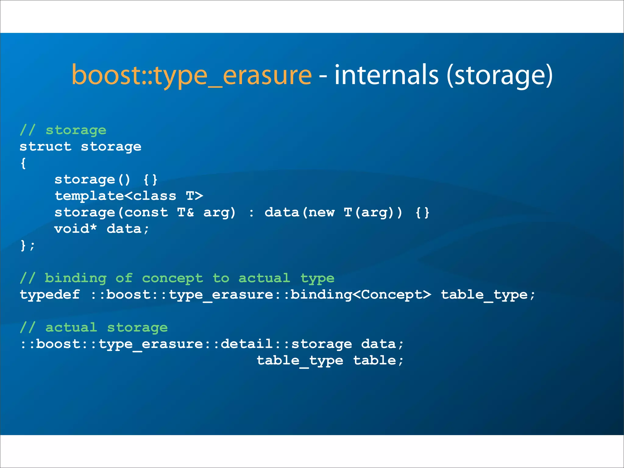 boost::type_erasure - internals (storage)
// storage
struct storage
{
storage() {}
template<class T>
storage(const T& arg) : data(new T(arg)) {}
void* data;
};
// binding of concept to actual type
typedef ::boost::type_erasure::binding<Concept> table_type;
// actual storage
::boost::type_erasure::detail::storage data;
table_type table;
 
