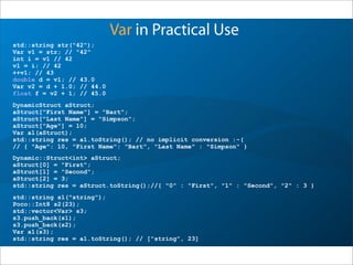 Var in Practical Use
std::string s1("string");
Poco::Int8 s2(23);
std::vector<Var> s3;
s3.push_back(s1);
s3.push_back(s2);
Var a1(s3);
std::string res = a1.toString(); // ["string", 23]
DynamicStruct aStruct;
aStruct["First Name"] = "Bart";
aStruct["Last Name"] = "Simpson";
aStruct["Age"] = 10;
Var a1(aStruct);
std::string res = a1.toString(); // no implicit conversion :-(
// { "Age": 10, "First Name": "Bart", "Last Name" : "Simpson" }
std::string str("42");
Var v1 = str; // "42"
int i = v1 // 42
v1 = i; // 42
++v1; // 43
double d = v1; // 43.0
Var v2 = d + 1.0; // 44.0
float f = v2 + 1; // 45.0
Dynamic::Struct<int> aStruct;
aStruct[0] = "First";
aStruct[1] = "Second";
aStruct[2] = 3;
std::string res = aStruct.toString();//{ "0" : "First", "1" : "Second", "2" : 3 }
 