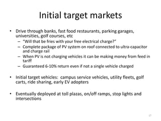 Initial target markets
• Drive through banks, fast food restaurants, parking garages,
  universities, golf courses, etc
    – “Will that be fries with your free electrical charge?”
    – Complete package of PV system on roof connected to ultra-capacitor
      and charge rail
    – When PV is not charging vehicles it can be making money from feed in
      tariff
    – Guaranteed 6-10% return even if not a single vehicle charged

• Initial target vehicles: campus service vehicles, utility fleets, golf
  carts, ride sharing, early EV adopters

• Eventually deployed at toll plazas, on/off ramps, stop lights and
  intersections


                                                                           17
 