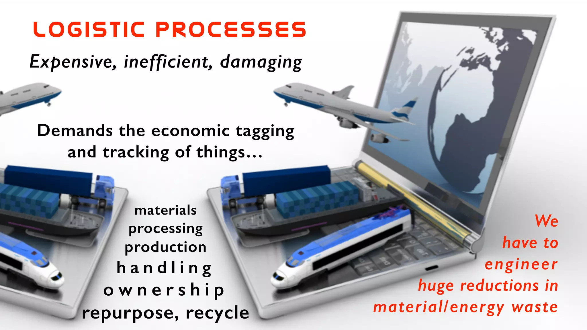 Logistic  processes
Expensive, inefficient, damaging
Demands the economic tagging
and tracking of things…
!
materials
processing
production
h a n d l i n g
o w n e r s h i p
repurpose, recycle
We
have to
engineer
huge reductions in
material/energy waste
 
