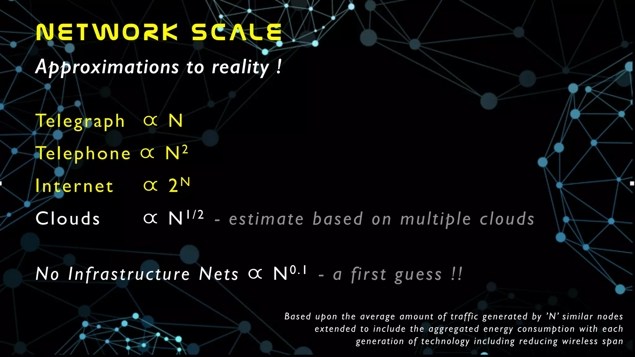 NETWORK  SCALE
Approximations to reality !
Telegraph 	

  N	

Telephone  N2	

Internet 	

  2N	

Clouds	

 	

  N1/2 - estimate based on multiple clouds	

!
No Infrastructure Nets  N0.1 - a first guess !!	

Based upon the average amount of traffic generated by ’N’ similar nodes	

extended to include the aggregated energy consumption with each	

generation of technology including reducing wireless span
 