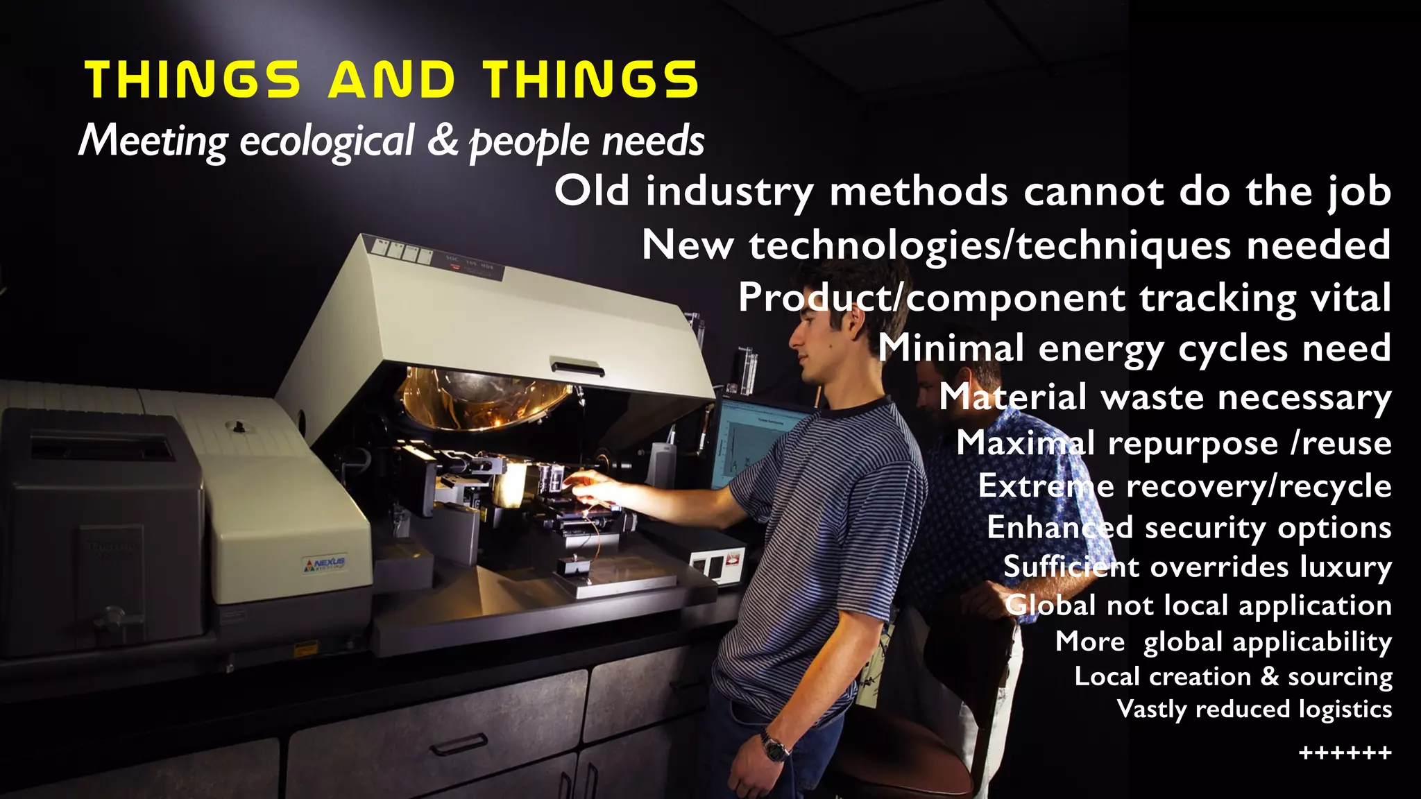 Things  and  things
Meeting ecological & people needs
Old industry methods cannot do the job
New technologies/techniques needed
Product/component tracking vital
Minimal energy cycles need
Material waste necessary
Maximal repurpose /reuse
Extreme recovery/recycle
Enhanced security options
Sufficient overrides luxury
Global not local application
More global applicability
Local creation & sourcing
Vastly reduced logistics
++++++
 