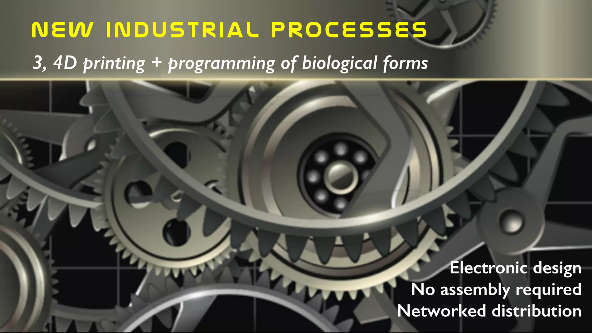 New  industrial  processes
3, 4D printing + programming of biological forms
Electronic design
No assembly required
Networked distribution
 