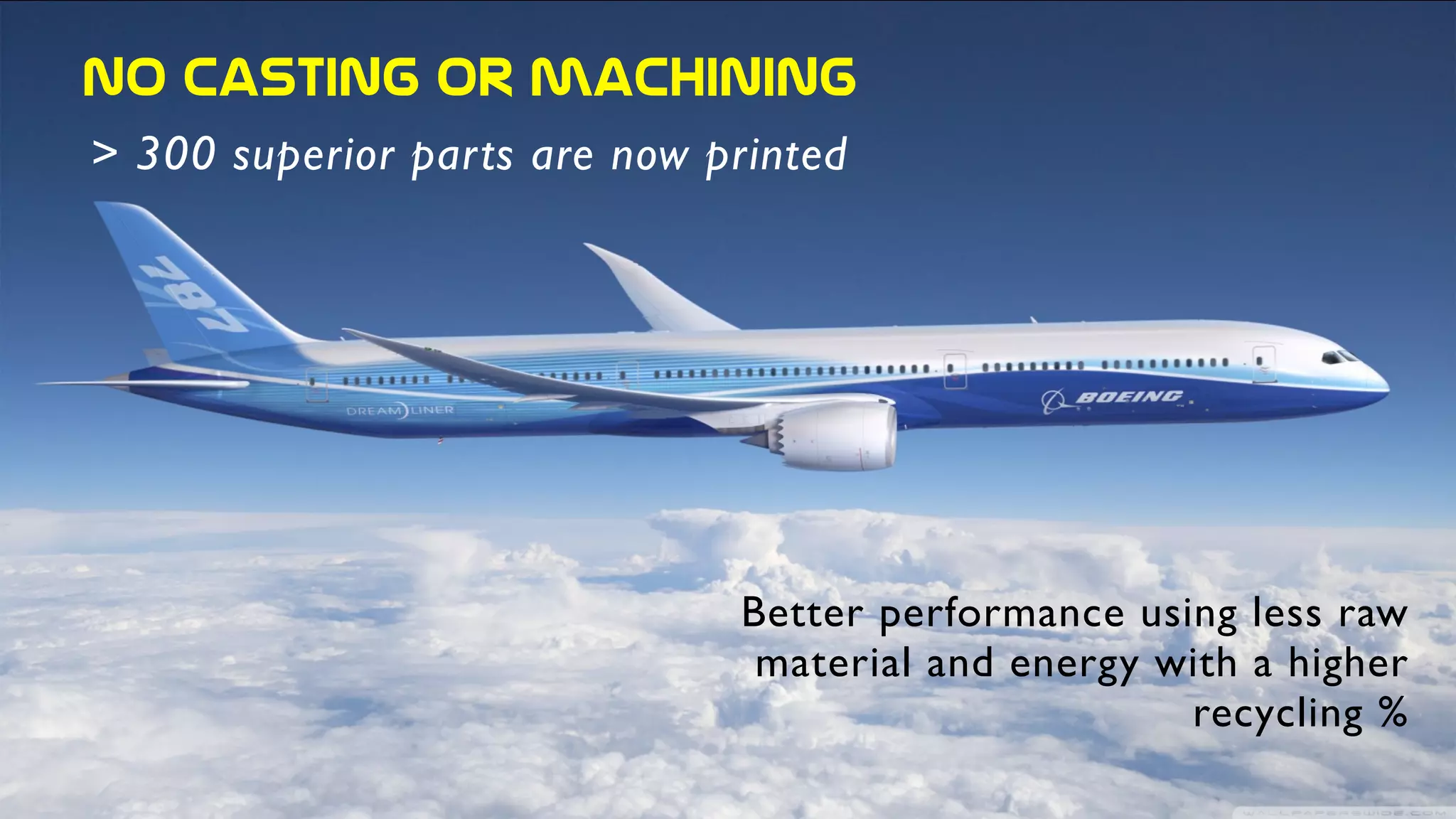 No  casting  or  machining
> 300 superior parts are now printed
Better performance using less raw
material and energy with a higher
recycling %
 