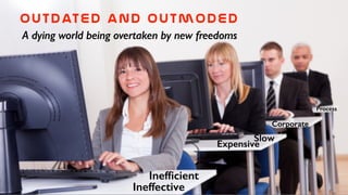 Outdated  and  outmoded
A dying world being overtaken by new freedoms
Ineffective
Expensive
Slow
Inefﬁcient
Corporate
Process
 