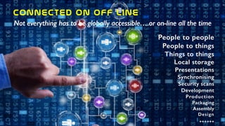 Connected  on  Off  line
Not everything has to be globally accessible….or on-line all the time
People to people
People to things
Things to things
Local storage
Presentations
Synchronising
Security scans
Development
Production
Packaging
Assembly
Design
++++++
 