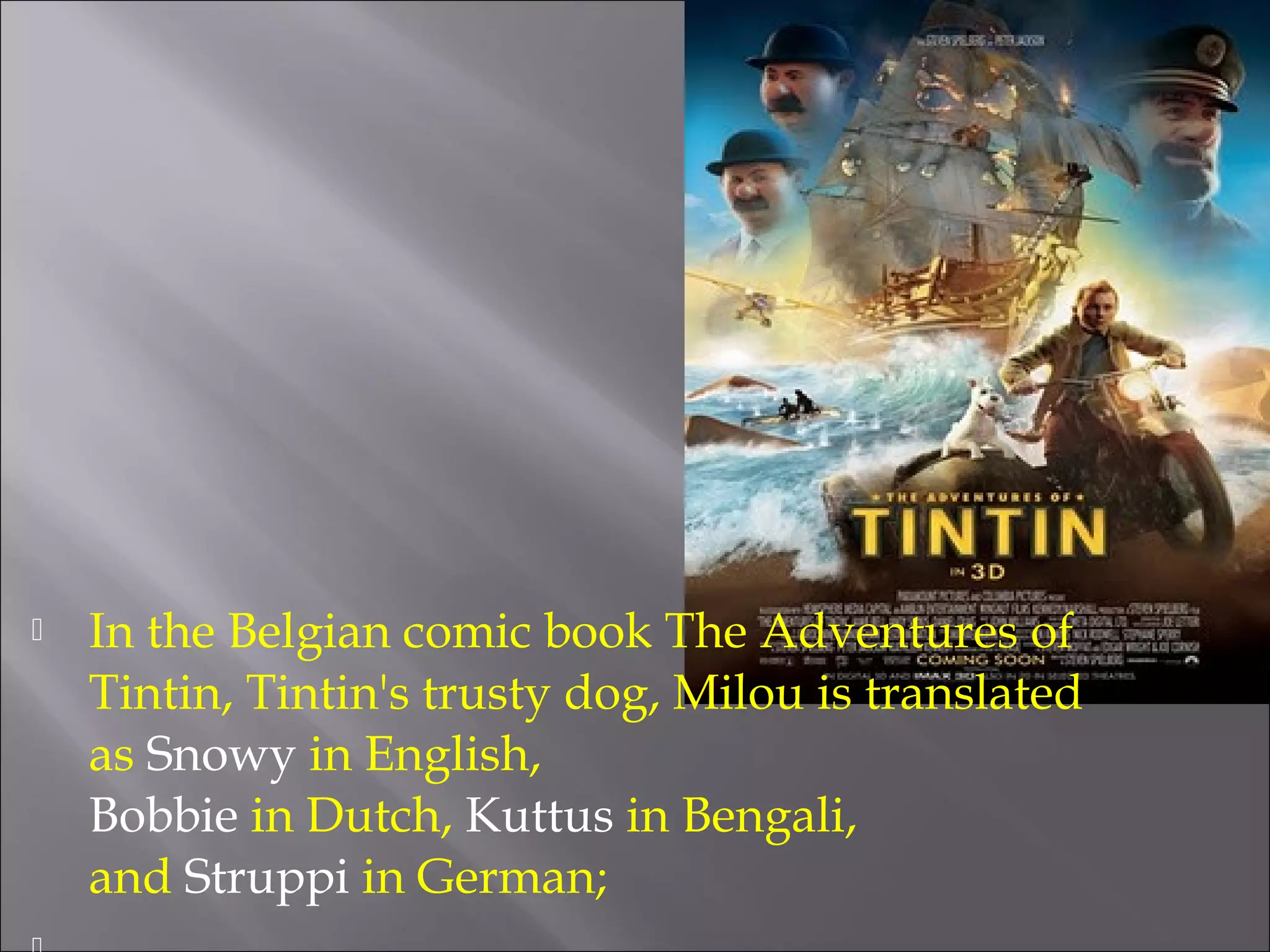  In the Belgian comic book The Adventures of 
Tintin, Tintin's trusty dog, Milou is translated 
as Snowy in English, 
Bobbie in Dutch, Kuttus in Bengali, 
and Struppi in German; 
 
 