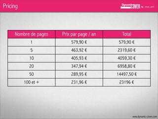 Pricing

Nombre de pages

Prix par page / an

Total

1

579,90 €

579,90 €

5

463,92 €

2319,60 €

10

405,93 €

4059,30 €

20

347,94 €

6958,80 €

50

289,95 €

14497,50 €

100 et +

231,96 €

23196 €

www.dynamic-cover.com

 