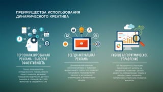 ПРЕИМУЩЕСТВА ИСПОЛЬЗОВАНИЯ
ДИНАМИЧЕСКОГО КРЕАТИВА
Персонализированная
реклама = высокая
эффективность
Показ пользователю
определенного товара, вместо
общего баннера, вызывает
повышение видимости данного
баннера, в следвсие чего ROI
вырастает в среднем на 34%
Гибкое алгоритмическое
управление
NT Programmatic Pratform
минимизирует затраты на
внедрение, позволяет делать
акцент на определенные товары и
бренды, гибко управлять
таргетингом и получать глубокую
аналитку
Всегда актуальная
реклама
Динамический креатив
синхронизирован с товарным
фидом вашего сайта, что позволят
показывать пользователям
свежую и актуальную
информацию с корректными
ценами
 