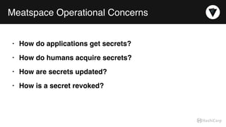 Meatspace Operational Concerns
• How do applications get secrets?
• How do humans acquire secrets?
• How are secrets updated?
• How is a secret revoked?
 