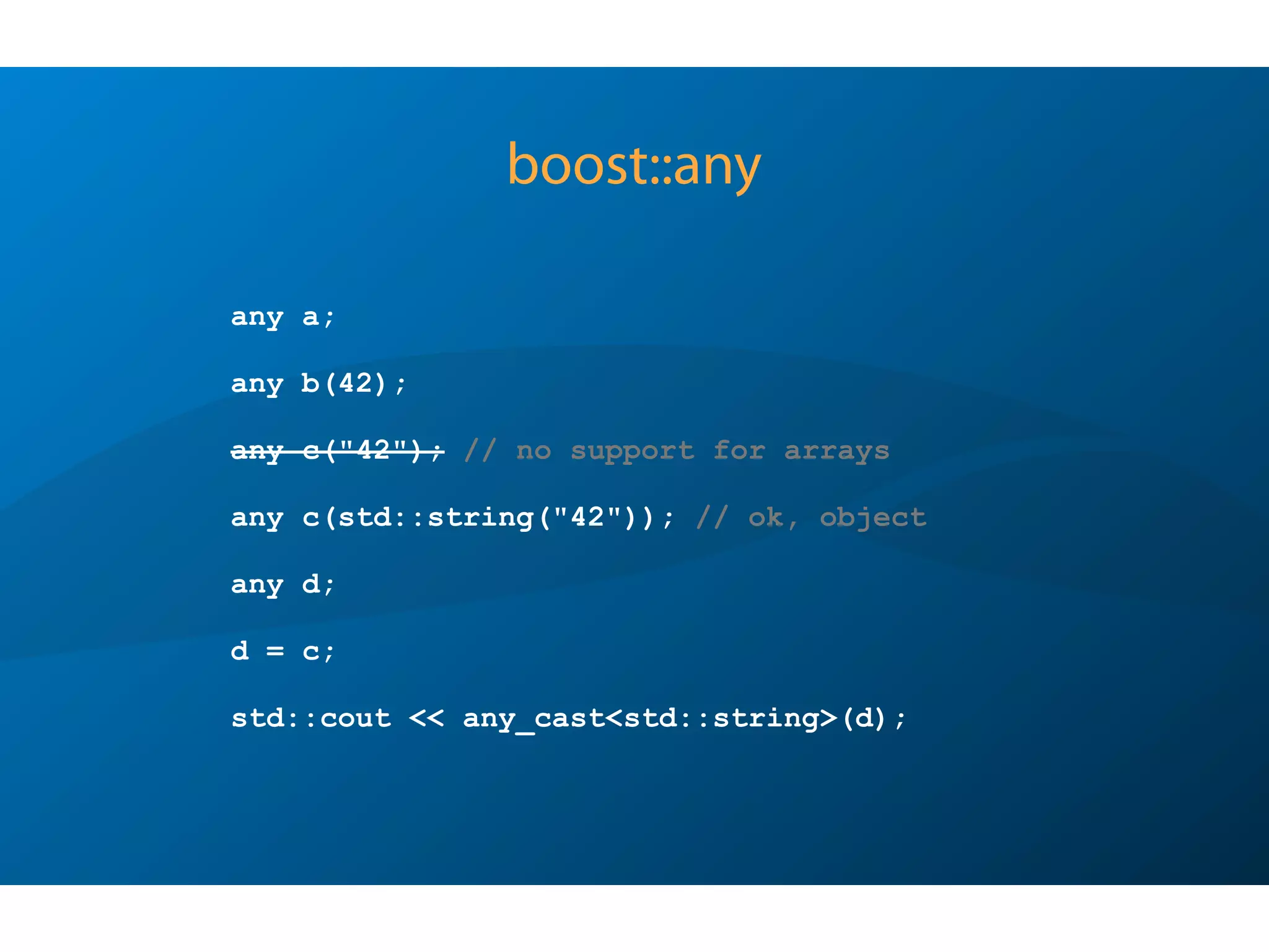 The Anatomy of the Solution
(under the hood)
using namespace std;
ostream& RecordSet::copy(ostream& os, size_t offset = 0, size_t length = END)
{
RowFormatter& rf = (*_pBegin)->getFormatter();
os << rf.prefix();
copyNames(os);
copyValues(os, offset, length);
os << rf.postfix();
return os;
}
ostream& RecordSet::copyValues(ostream& os, size_t offset, size_t length)
{
RowIterator begin = *_pBegin + offset;
RowIterator end = (RowIterator::END != length) ? it + length : *_pEnd;
std::copy(begin, end, std::ostream_iterator<Row>(os));
return os;
}
Sunday, October 7, 12
 