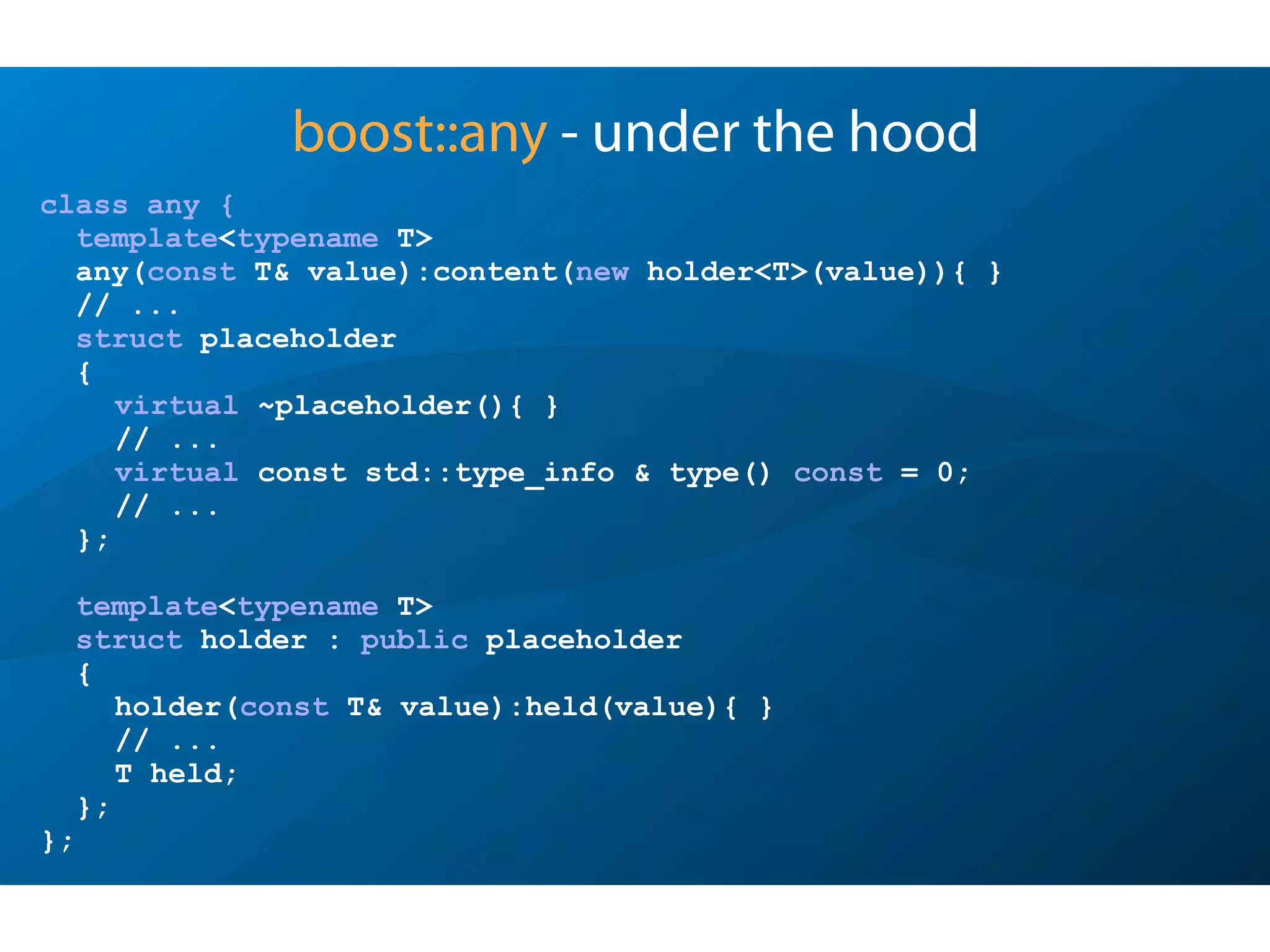 class Row
{
public:
// ...
template <typename T>
void set(size_t pos, const T& val)
{
try { _values.at(pos) = val; }
catch (out_of_range&)
{ throw RangeException("Invalid column."); }
}
// ...
private:
vector<Poco::Dynamic::Var> _values;
};
The Heart of the Solution
(Row::set)
Sunday, October 7, 12
 