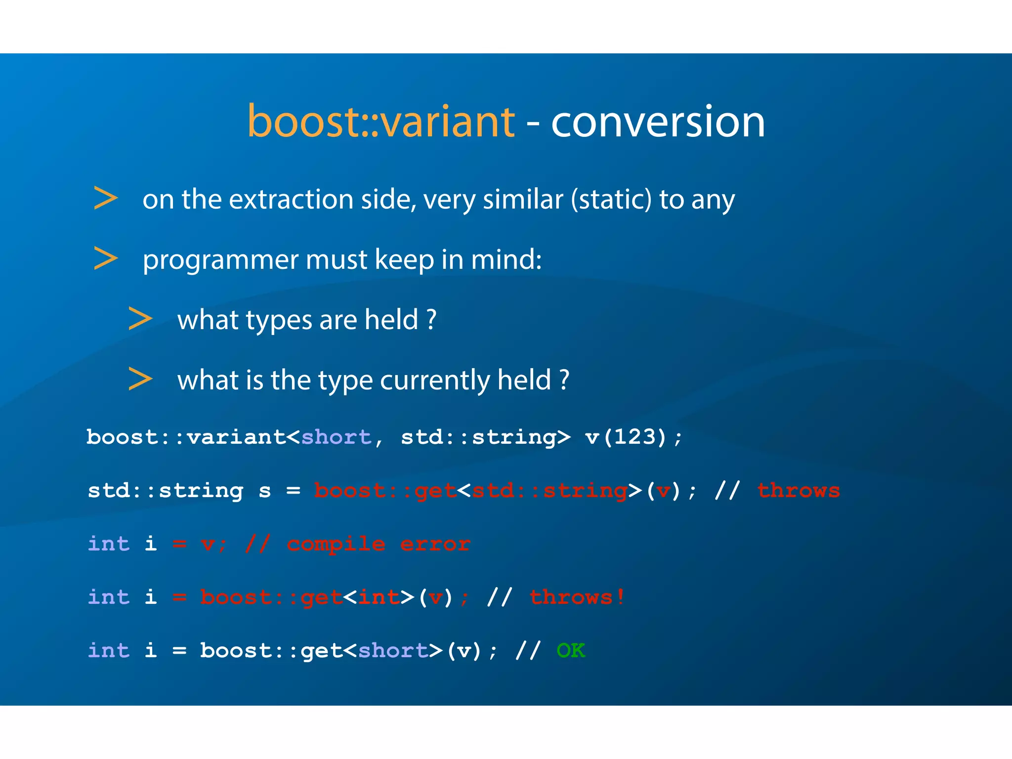 What Else is in the Var Box
> Dynamic array, pair and struct (map) support
(Poco::Dynamic::Pair/Struct)
> JSON (de)serialization of the above
> Empty value support (very handy with null DB fields)
> Strict conversion checks
Sunday, October 7, 12
 
