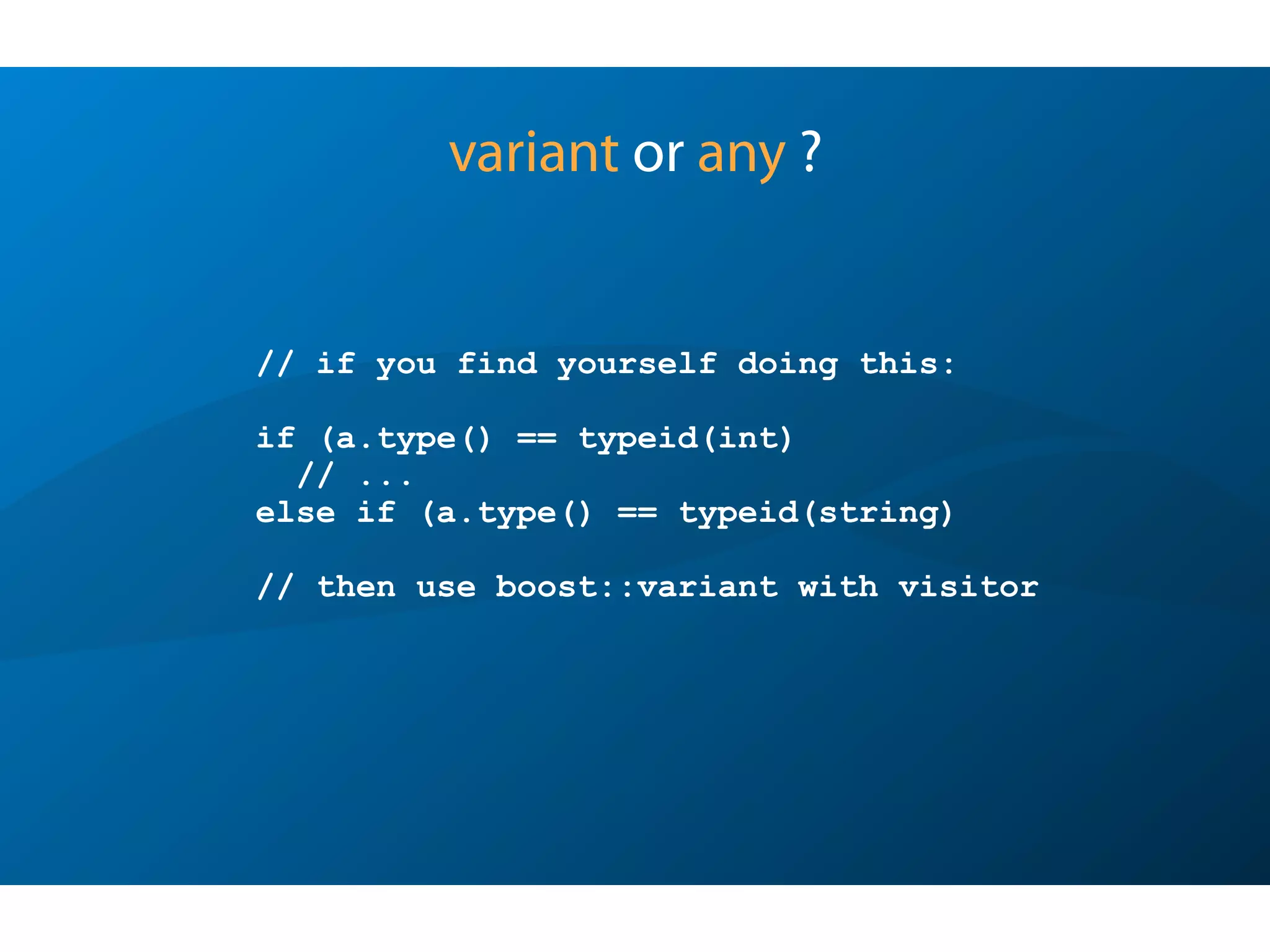 namespace Poco {
namespace Data {
template <>
class TypeHandler<Person>
{
public:
static std::size_t size()
{
return 3;
}
static void bind(size_t pos, const Person& person, AbstractBinder* pBinder, Direction dir)
{
TypeHandler<std::string>::bind(pos++, person.name, pBinder, dir);
TypeHandler<std::string>::bind(pos++, person.address, pBinder, dir);
TypeHandler<int>::bind(pos++, person.age, pBinder, dir);
}
static void extract(size_t pos, Person& person, const Person& deflt, AbstractExtractor* pE)
{
TypeHandler<std::string>::extract(pos++, person.name, deflt.name, pExtr);
TypeHandler<std::string>::extract(pos++, person.address, deflt.address, pExtr);
TypeHandler<int>::extract(pos++, person.age, deflt.age, pExtr);
}
};
} }
Scaffolding - wrap Person into a TypeHandler
Sunday, October 7, 12
 
