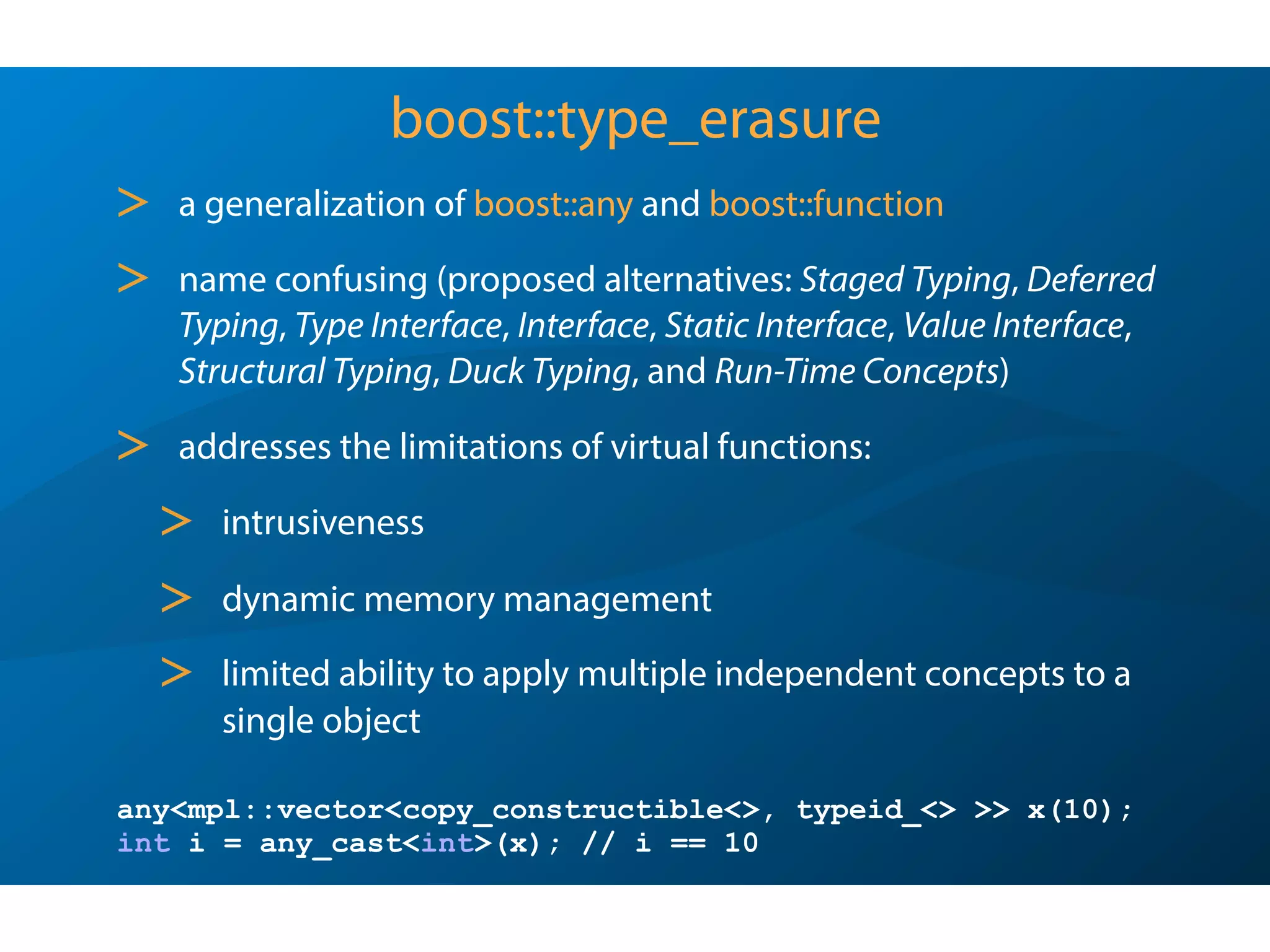 Person person =
{
"Bart Simpson",
"Springfield",
12
};
session << "INSERT INTO Person VALUES(?, ?, ?)", use(person);
std::vector<Person> people;
session << "SELECT Name, Address, Age FROM Person",into(people), now;
And Life is Good Again
std::string name, address;
int age;
session << "INSERT INTO Person VALUES(?, ?, ?)",
use(name),
use(address),
use(age);
Sunday, October 7, 12
 