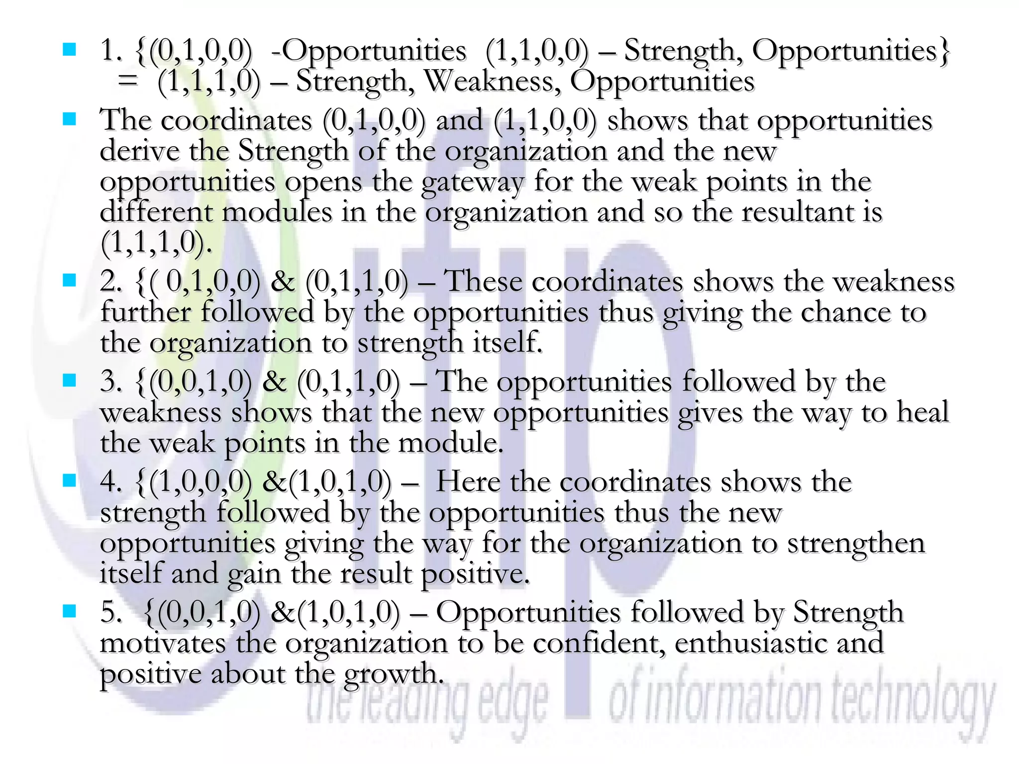 1. {(0,1,0,0)  -Opportunities  (1,1,0,0) – Strength, Opportunities}  =  (1,1,1,0) – Strength, Weakness, Opportunities The coordinates (0,1,0,0) and (1,1,0,0) shows that opportunities derive the Strength of the organization and the new opportunities opens the gateway for the weak points in the different modules in the organization and so the resultant is (1,1,1,0). 2. {( 0,1,0,0) & (0,1,1,0) – These coordinates shows the weakness further followed by the opportunities thus giving the chance to the organization to strength itself. 3. {(0,0,1,0) & (0,1,1,0) – The opportunities followed by the weakness shows that the new opportunities gives the way to heal the weak points in the module. 4. {(1,0,0,0) &(1,0,1,0) –  Here the coordinates shows the strength followed by the opportunities thus the new opportunities giving the way for the organization to strengthen itself and gain the result positive. 5.  {(0,0,1,0) &(1,0,1,0) – Opportunities followed by Strength motivates the organization to be confident, enthusiastic and positive about the growth.  