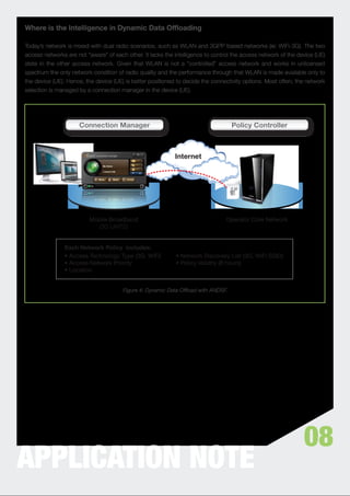 Where is the Intelligence in Dynamic Data Ofﬂoading

Today’s network is mixed with dual radio scenarios, such as WLAN and 3GPP based networks (ie: WiFi-3G). The two
access networks are not “aware” of each other. It lacks the intelligence to control the access network of the device (UE)
state in the other access network. Given that WLAN is not a “controlled” access network and works in unlicensed
spectrum the only network condition of radio quality and the performance through that WLAN is made available only to
the device (UE). Hence, the device (UE) is better positioned to decide the connectivity options. Most often, the network
selection is managed by a connection manager in the device (UE).




                     Connection Manager                                             Policy Controller



                                                            Internet




                          Mobile Broadband                                       Operator Core Network
                            (3G UMTS)


               Each Network Policy includes:
               • Access Technology Type (3G, WiFi)          • Network Discovery List (3G, WiFi SSID)
               • Access Network Priority                    • Policy Validity (8 hours)
               • Location


                                       Figure 4: Dynamic Data Offload with ANDSF.




                                                                                                                08
APPLICATION NOTE
 