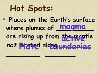 Hot Spots: Places on the Earth’s surface where plumes of __________ are rising up from the mantle  not  located along ________  _________  ________ magma active Plate  boundaries 
