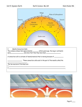 Unit 5: Dynamic Earth                   Earth Science- Ms. Gill                       Note Packet #6




 I.     Mantle Convection Cells:
 The evidence shows that approximately _______ million years ago, the major continents
 were_______________, and since that time they have been _________________.

 A convection cell is a stream of heated material that is moving because of ___________

 _________________. These convection cells exist in the part of the mantle called the
 _______________________.
 The two sources of this heat are:
 1. ___________________________________________________________________
 2. ___________________________________________________________________




                                                                                           Page # ____
 