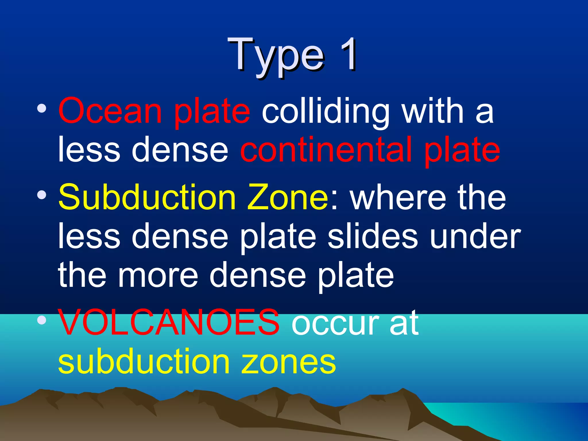 Type 1 Ocean plate  colliding with a less dense  continental plate Subduction Zone : where the less dense plate slides under the more dense plate VOLCANOES  occur at  subduction zones  